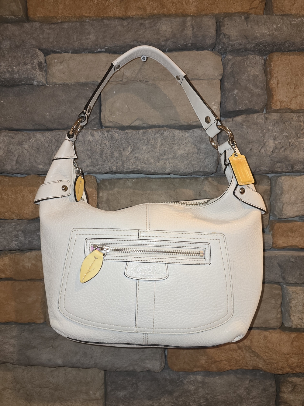 COACH 13159 Penelope Cream Pebbled Leather Shoulder Bag Yellow Accents Y2K *READ